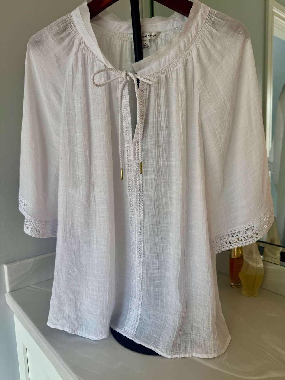 Counterparts White Gauzy Peasant Top with Tie Detail US M